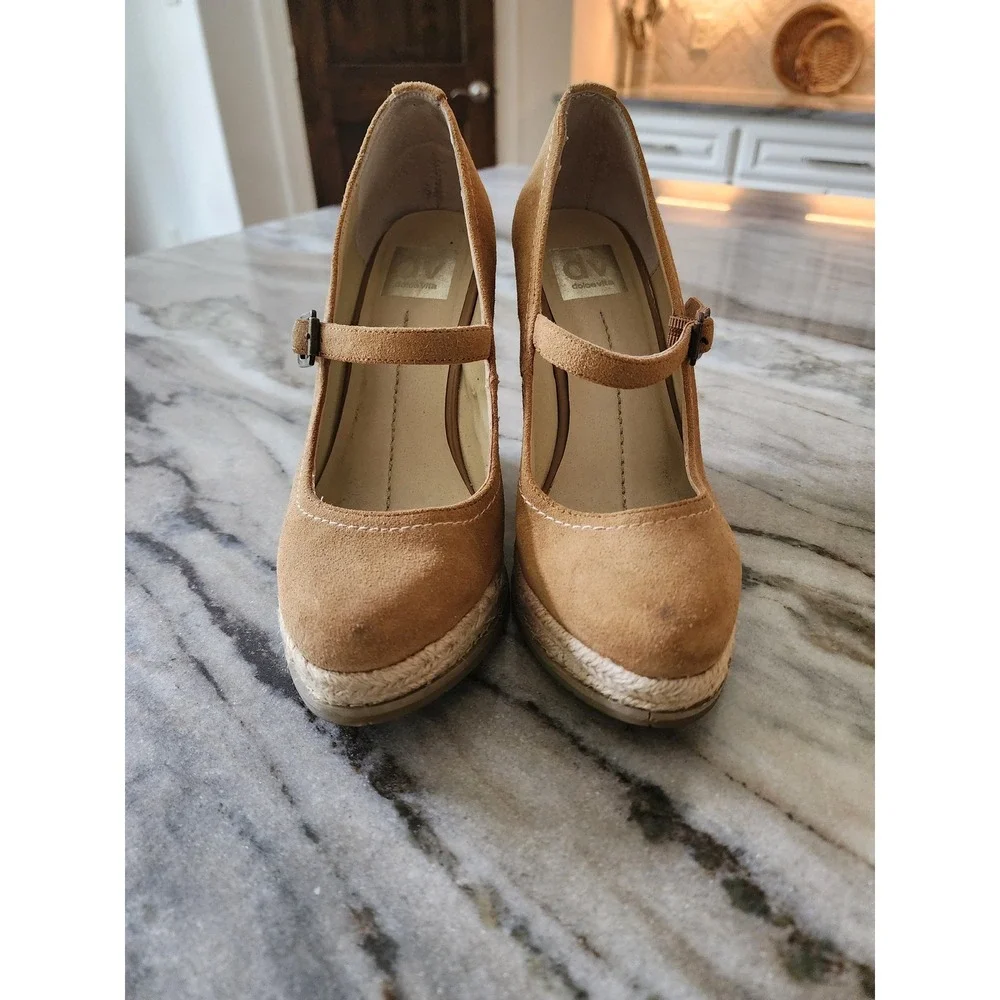 DV‎ Dolce Vita Tan Suede Mary Jane Espadrille Wedge Sandals Camel Brown Heel 8